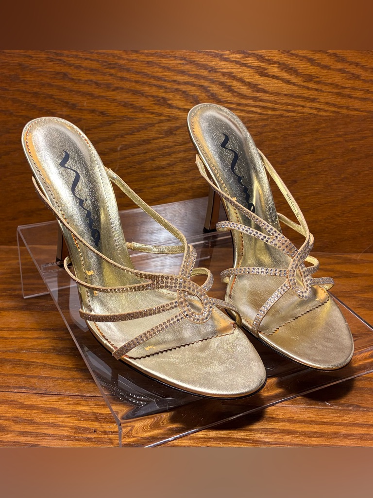 Nina Crystal Embellished Gold Slide Heels Leather Footbed & Sole Size 8